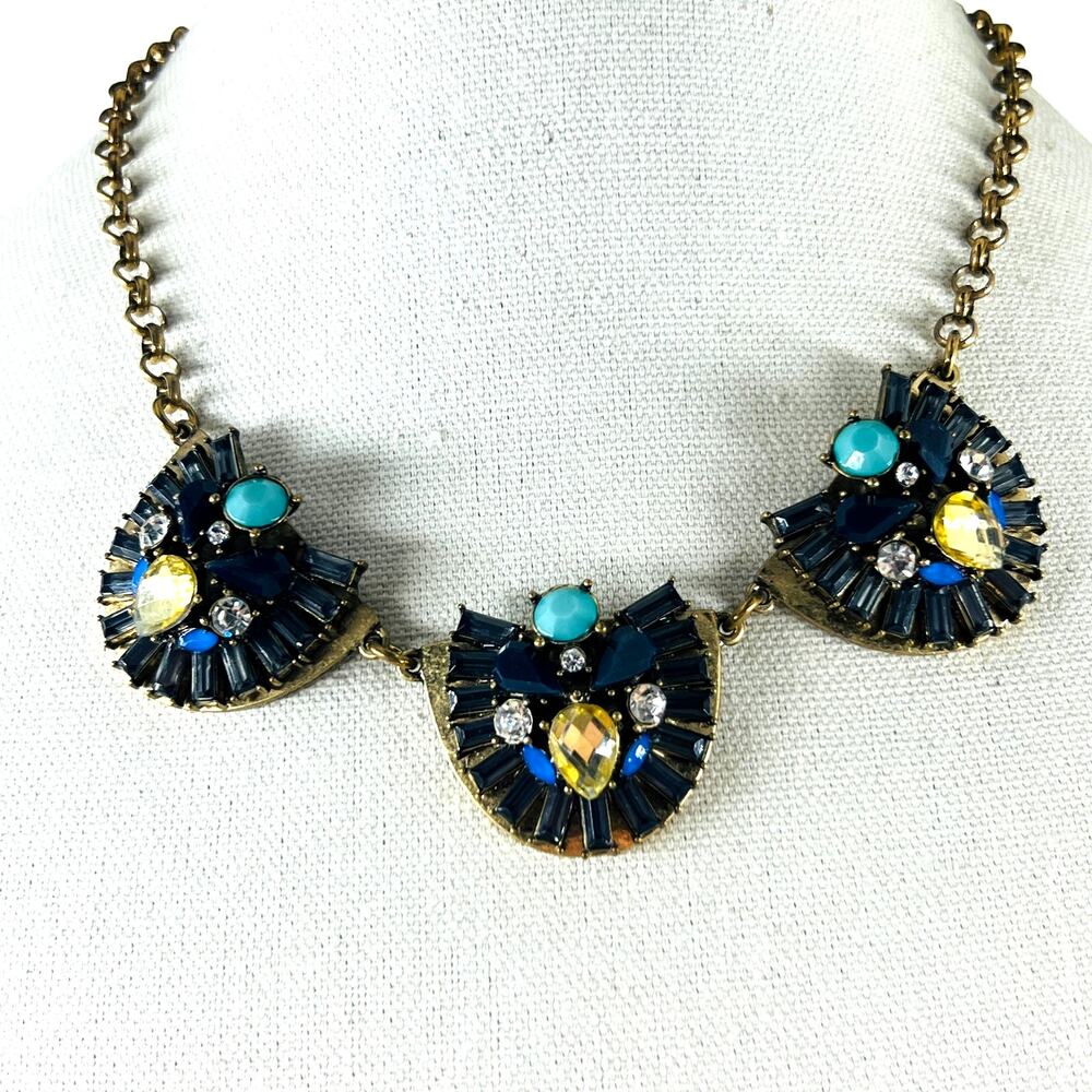 J. Crew Crystal Dome Trio Statement Bib Necklace Blue Yellow Rhinestone Chunky